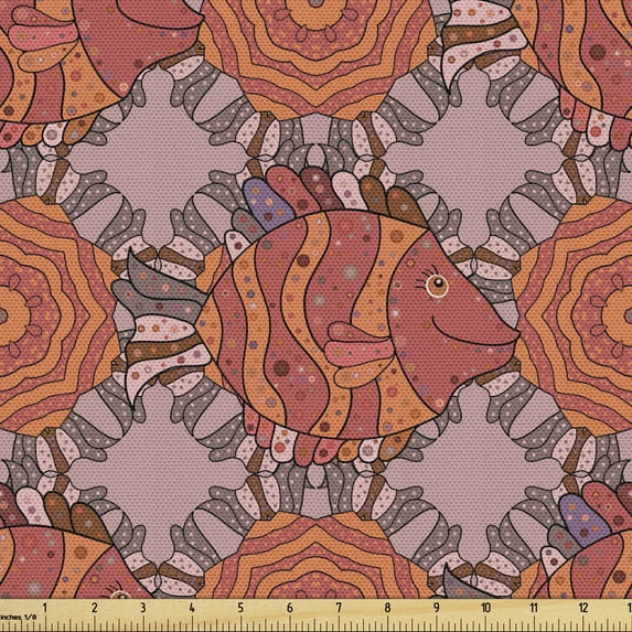 Underwater Fabric by the Yard, Flourish Fishes in Deep Sea Swimming Ornamental Ocean Theme, Decorative Upholstery Fabric for Chairs & Home Accents, Grey Pink Dark Salmon by Ambesonne
