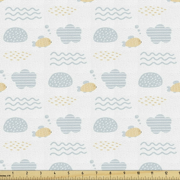 Underwater Fabric by the Yard, Scandinavian Style Inspired Fish Motifs Waves Bubbles Pattern, Upholstery Fabric for Dining Chairs Home Decor Accents, White Pale Blue Peach by Ambesonne