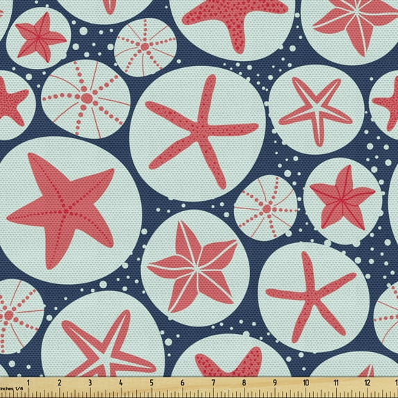 Underwater Fabric by the Yard, Starfish and Sea Urchins Circle Doodle Marine Life Exotic Ocean, Upholstery Fabric for Dining Chairs Home Decor Accents, Dark Coral and Pale Blue by Ambesonne