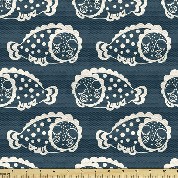 Underwater Fabric by the Yard Upholstery, Ethnic Style Abstract Ornamental Fishes in Polka Dots Pattern Marine, Decorative Fabric for DIY and Home Accents, Dark Petrol Blue Ivory by Ambesonne