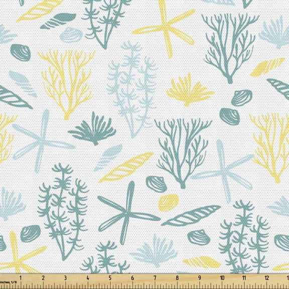 Underwater Fabric by the Yard Upholstery, Oceanic Shells Cockleshell Coral Reef Marine Vegetation Doodle, Decorative Fabric for DIY and Home Accents, Cadet Blue and Pastel Yellow by Ambesonne