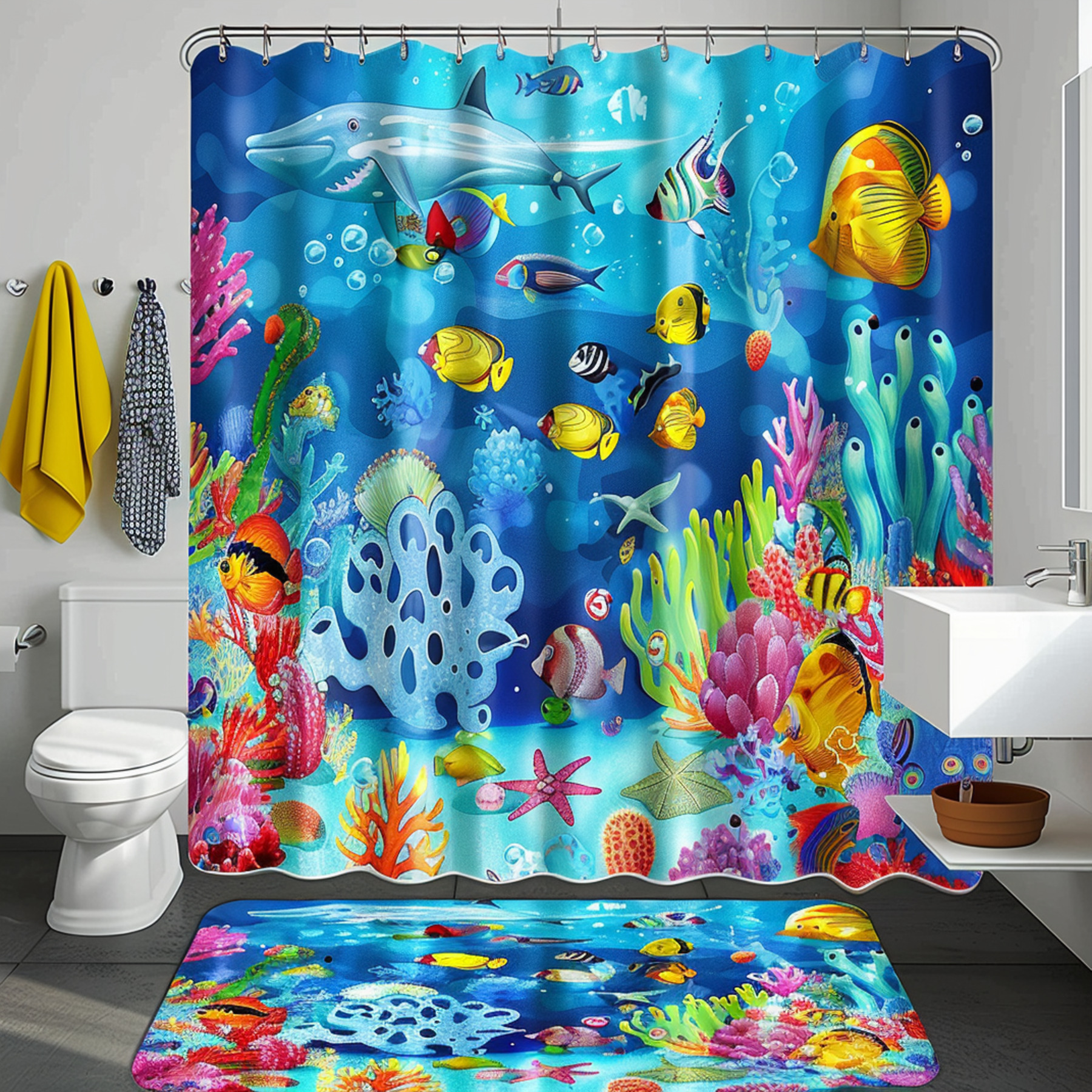 Underwater Fantasy Bathroom Set Colorful Fish Coral Reefs Seahorses