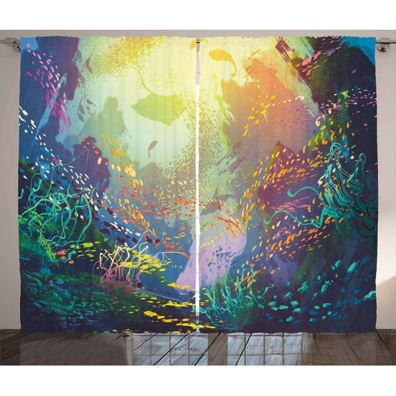 Ambesonne Ocean Curtains 2 Panel Set, Coral Reef Aquarium Art, 108" x 84", Turquoise Yellow Pink