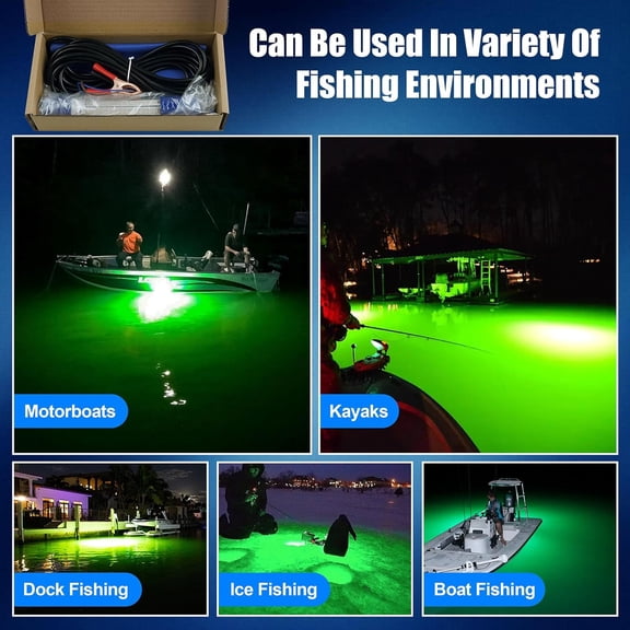 Underwater Fishing Light 12V LED Night Fishing Green Light Submersible Fish Bait Attractor for Docks Boats Kayaks, Freshwater Saltwater Bass Snook Crappie Squid Shrimp