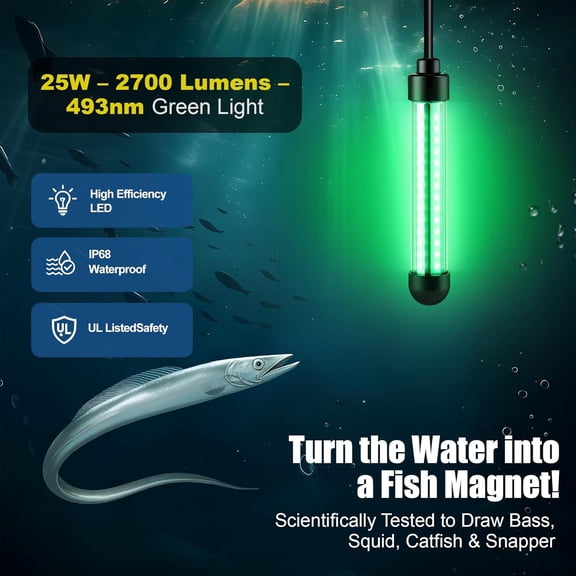Underwater Fishing Light, 25W 2700LM Green Fishing Light, IP68 High Efficiency LED Fish Attractor Lamp, Certified 32.8ft Cable, Waterproof Submersible Lamp for Boat, Dock, Kayaks