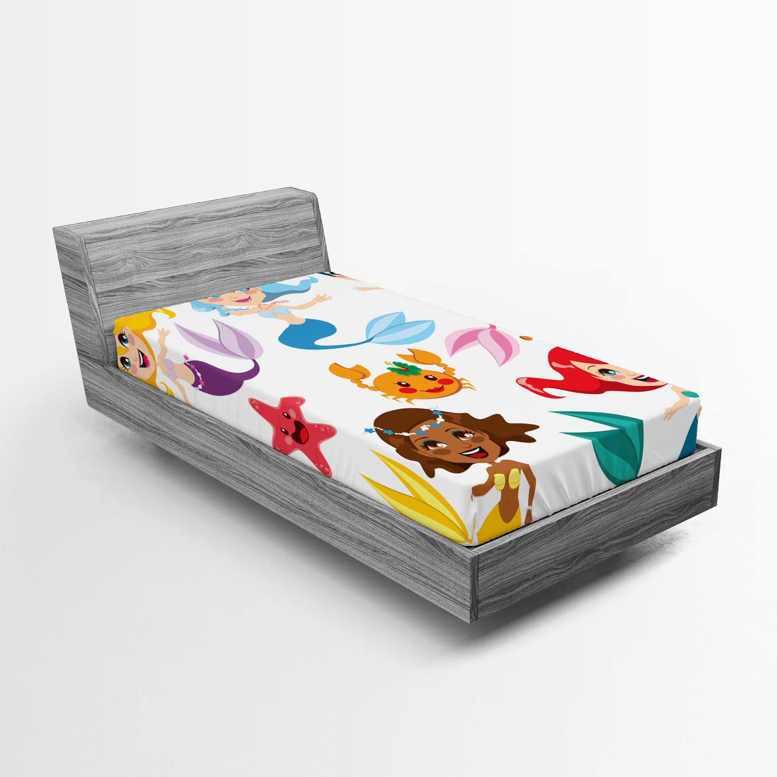 Underwater Fitted Sheet, Illustration of Colorful Mermaids and Sea