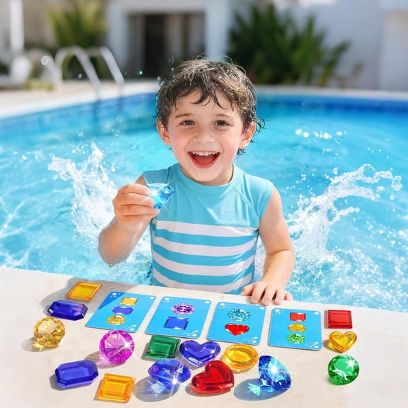 Underwater Gem Hunt Pool Activity, Diving Challenge Set with Sinking Stones and Cards, Pirate Treasure Chest Storage, Summer Water Recreation for Adults
