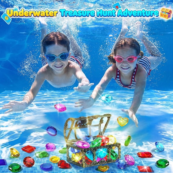 Underwater Gem Hunt Pool Game, Diving Activity Set with Sinking Stones and Cards, Pirate Chest Storage, Summer Swim Party Entertainment for Adults