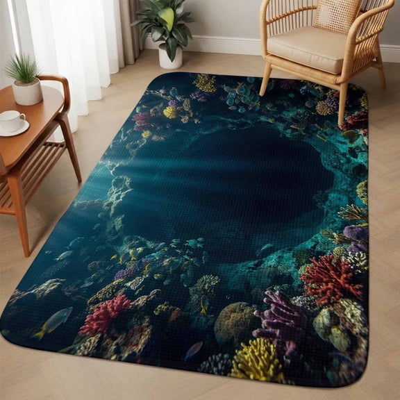 Underwater Hole Area Rugs for Living Room 5x6, Nautical Coastal Ocean Sea Red Purple Yellow Coral Washable Area Rug with Non Slip Backing, Stain Resist Linen Carpet for Bedroom, Dining Room, Entrance