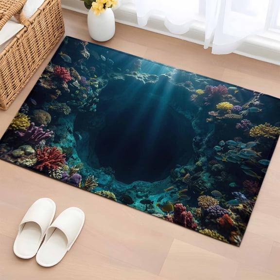 Underwater Hole Entryway Rug 2'x3' Nautical Coastal Ocean Sea Red Purple Yellow Coral Small Area Rug Non-Slip Front Door Mat Washable Floor Carpet for Indoor Entrance Kitchen Bathroom