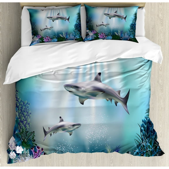 Underwater King Size Duvet Cover Set, Realistic Illustration Wild Sharks and Plants Corals Seaweed Aquatic Ocean Life, Decorative 3 Piece Bedding Set with 2 Pillow Shams, Multicolor, by Ambesonne
