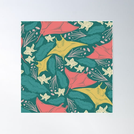 Underwater Kingdom Fantasy Art - Giant Mantra Rays Poster Wall Art, Modern Wall Decor For Living Room Bedroom, 30x30 UNFRAMED