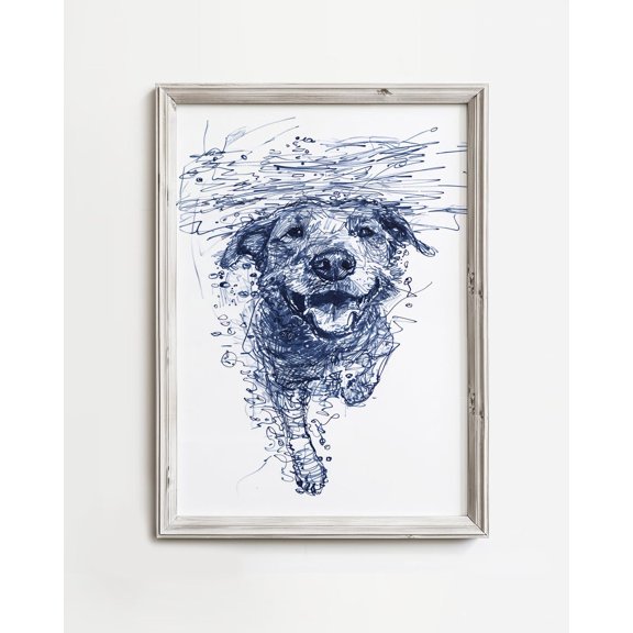 Underwater Labrador Print, Happy Blue Dog Sketch Art