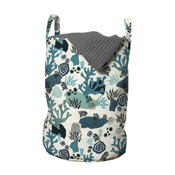 Underwater Laundry Bag, Marine Life Creatures Hand Drawn Coral Reef Deep Sea Adventure Nautical, Basket with Handles Drawstring Closure for Laundromats, 13" x 19", Petrol Blue Ivory, by Ambesonne