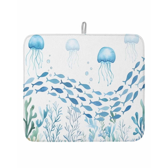 Underwater Life Octopus Fish Seaweed Dish Drying Mats for Kitchen Counter,Absorbent Microfiber Dish Drainer Rack Mat Marine Theme Coral Drying Pad for Sinks,Utensils,Countertops,16x18in