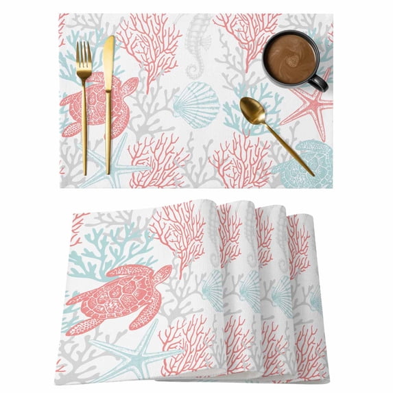 Underwater Marine Coral Starfish Turtle Placemats Set of 6,Wipeable Washable Table Mats for Dining Tables, Colorful Ocean Life on White Place Mats for Kitchen Event Party Tabletop Decor