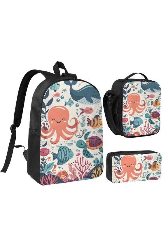 Underwater Marine Life Backpack 17 Inch Set with Lunch Bag and CaseDurableTravel Bag Combo for Work Commuting Daily Use