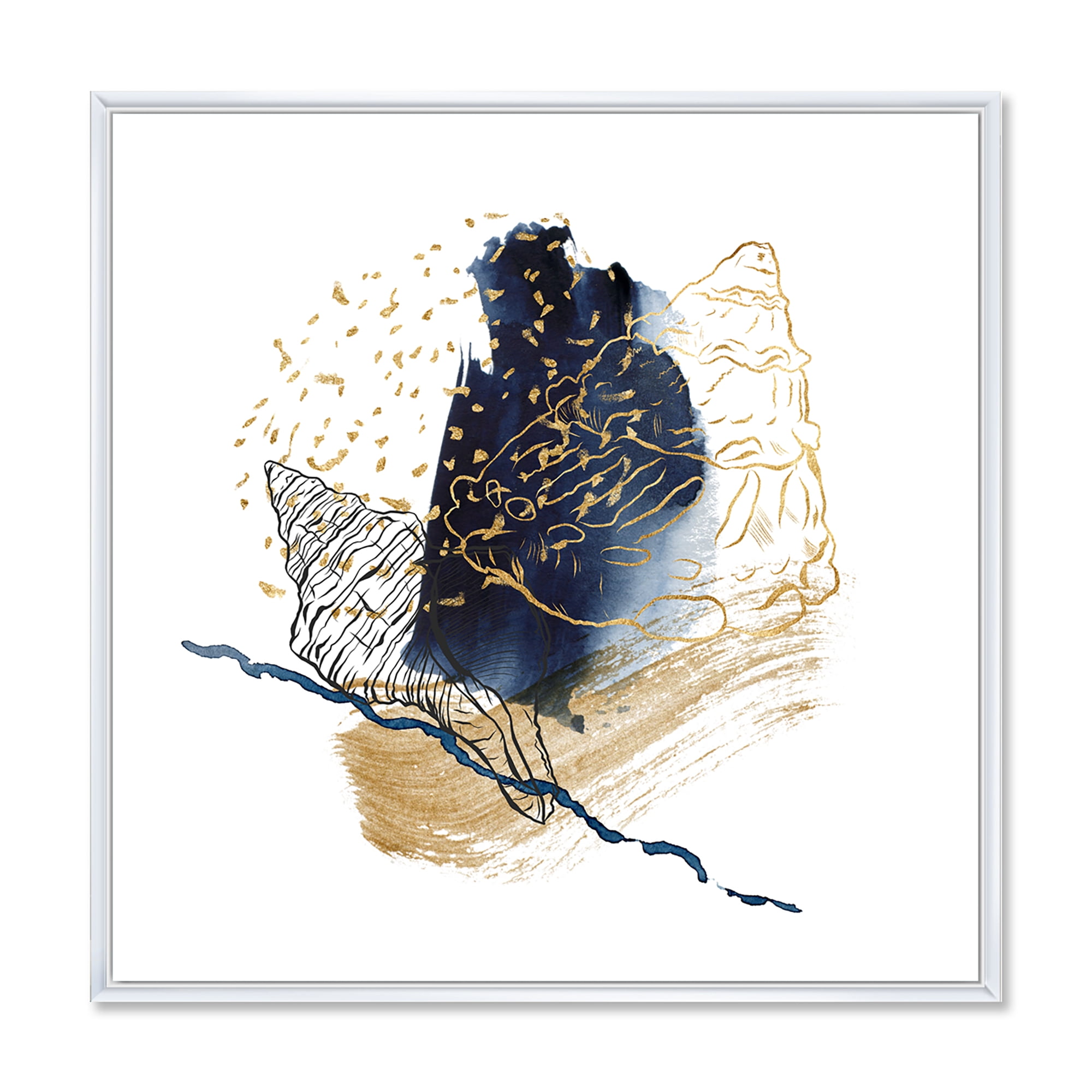 Underwater Marine Life With Gold Shell Line Art 30 in x 30 in Framed Painting Canvas Art Print, by Designart