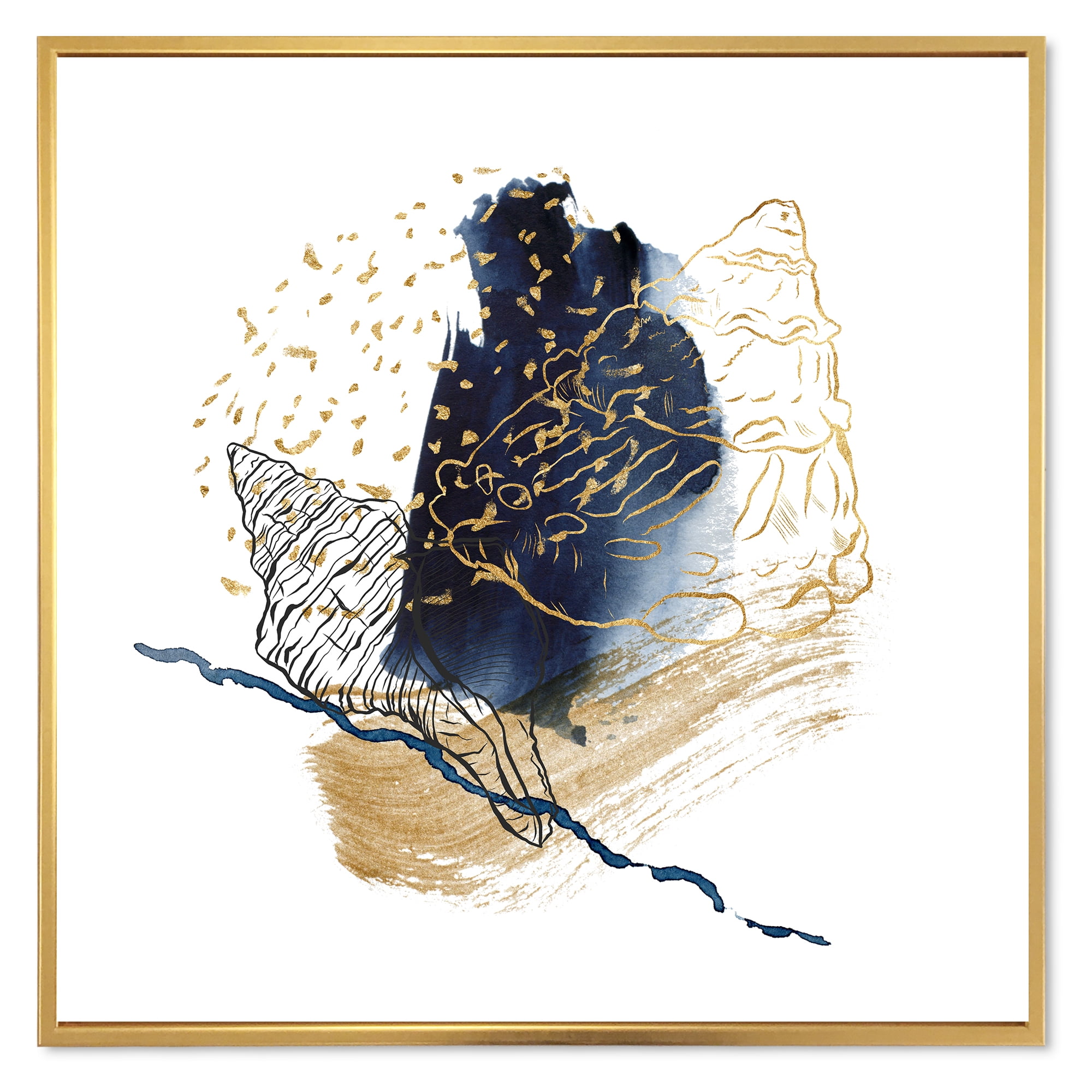 Underwater Marine Life With Gold Shell Line Art 36 in x 36 in Framed Painting Canvas Art Print, by Designart