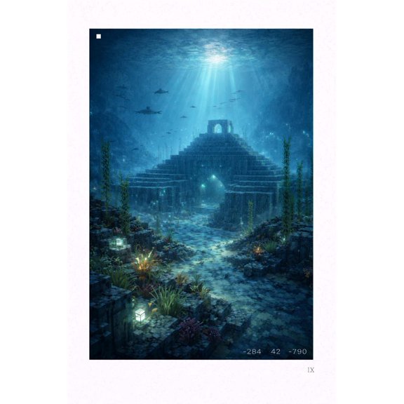 Underwater Monument Temple Poster Print – Deep Ocean Pixel Gaming Wall Art 8x12 UNFRAMED