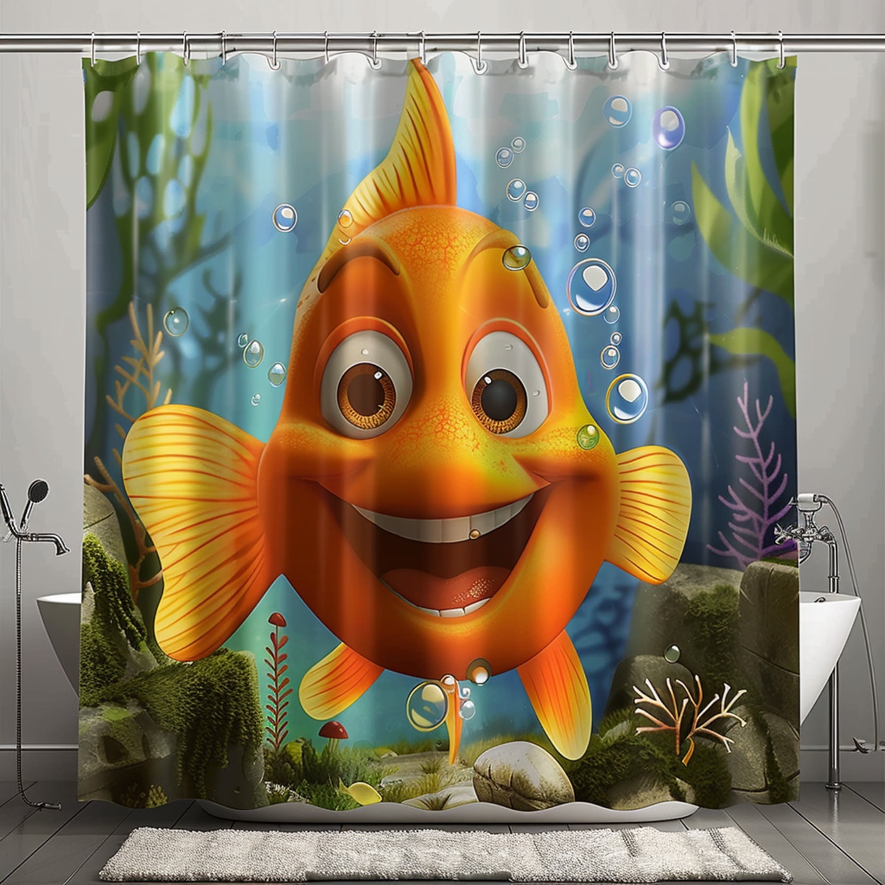 Underwater Oasis Vibrant Cartoon Fish Shower Curtain with Moss Rocks
