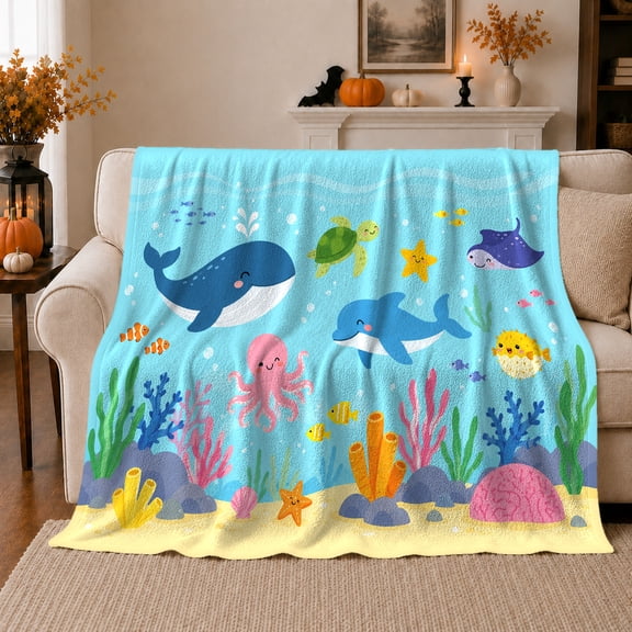 Underwater Ocean Adventure Sea Creatures Swimming, Playful Coastal Landscape Scene, Warm Flannel Blanket for Beach House and Living Room, Beach Lovers Housewarming Gift, Coastal Home Decor