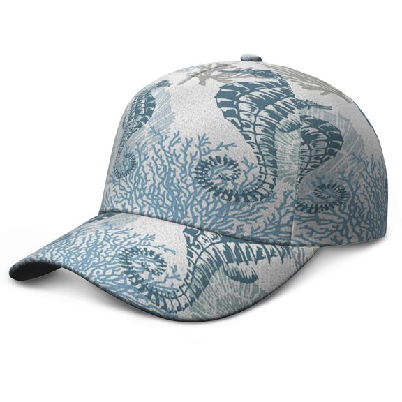 Underwater Ocean Baseball Cap – Cute Nautical Seahorse and Fish Print Hat with Coral, Jellyfish, Starfish, and Seashell Pattern, Beach Coastal Marine Life Dad Hat for Men Women