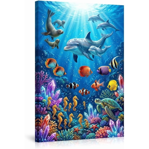 Underwater Ocean Dolphins Sea Turtle Seals Canvas Wall Art Colorful Tropical Fish Seahorses Coral Reef Marine Life Posters for Kids Bedroom Nursery Playroom