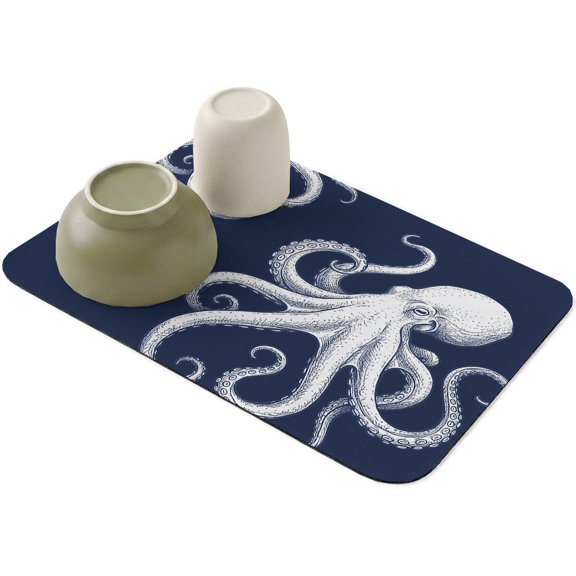 Underwater Ocean Giant Octopus Dish Drying Mat,Absorbent Diatomaceous Earth Mats Navy Blue White Marine Life Coffee Mat Dishes Drainer Pad for Kitchen Counter Rack Sink Utensils,12x16in