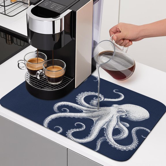 Underwater Ocean Giant Octopus Dish Drying Mat,Absorbent Diatomaceous Earth Mats Navy Blue White Marine Life Coffee Mat Dishes Drainer Pad for Kitchen Counter Rack Sink Utensils,16x18in