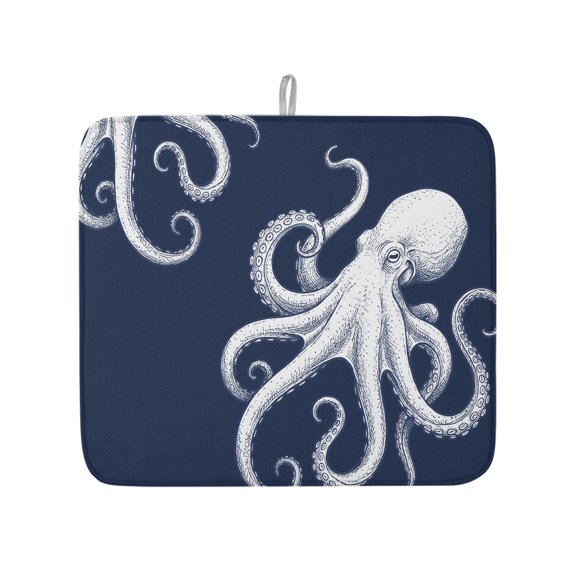 Underwater Ocean Giant Octopus Dish Drying Mats for Kitchen Counter,Absorbent Microfiber Dish Drainer Rack Mat Navy Blue White Marine Life Drying Pad for Sinks,Utensils,Countertops,16x18in