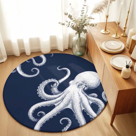 Underwater Ocean Giant Octopus Round Area Rug 3ft,Living Room Rug Non-Slip Washable Circle Rugs Pad,Navy Blue White Marine Life Soft Floor Carpet for Bedroom Dining Room