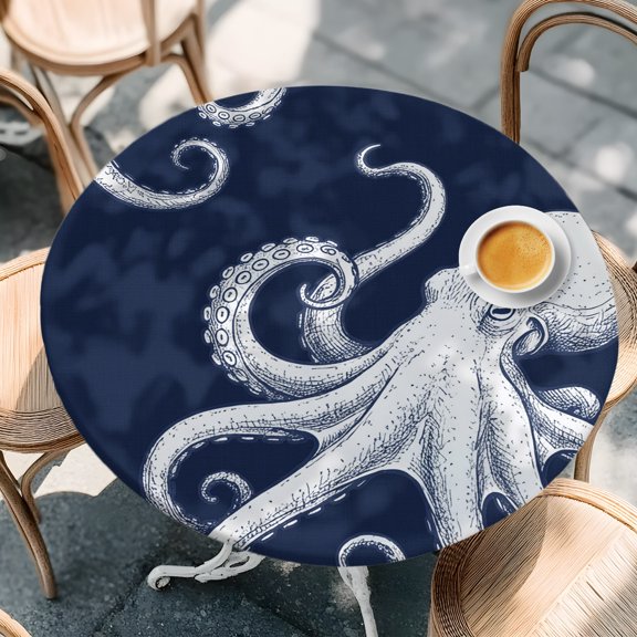 Underwater Ocean Giant Octopus Round Fitted Tablecloth with Elastic Edge,Waterproof Table Cloth Fits Tables Up to 55"-60",Wipeable Table Cover for Indoor Outdoor Dinning,Navy Blue White Marine Life