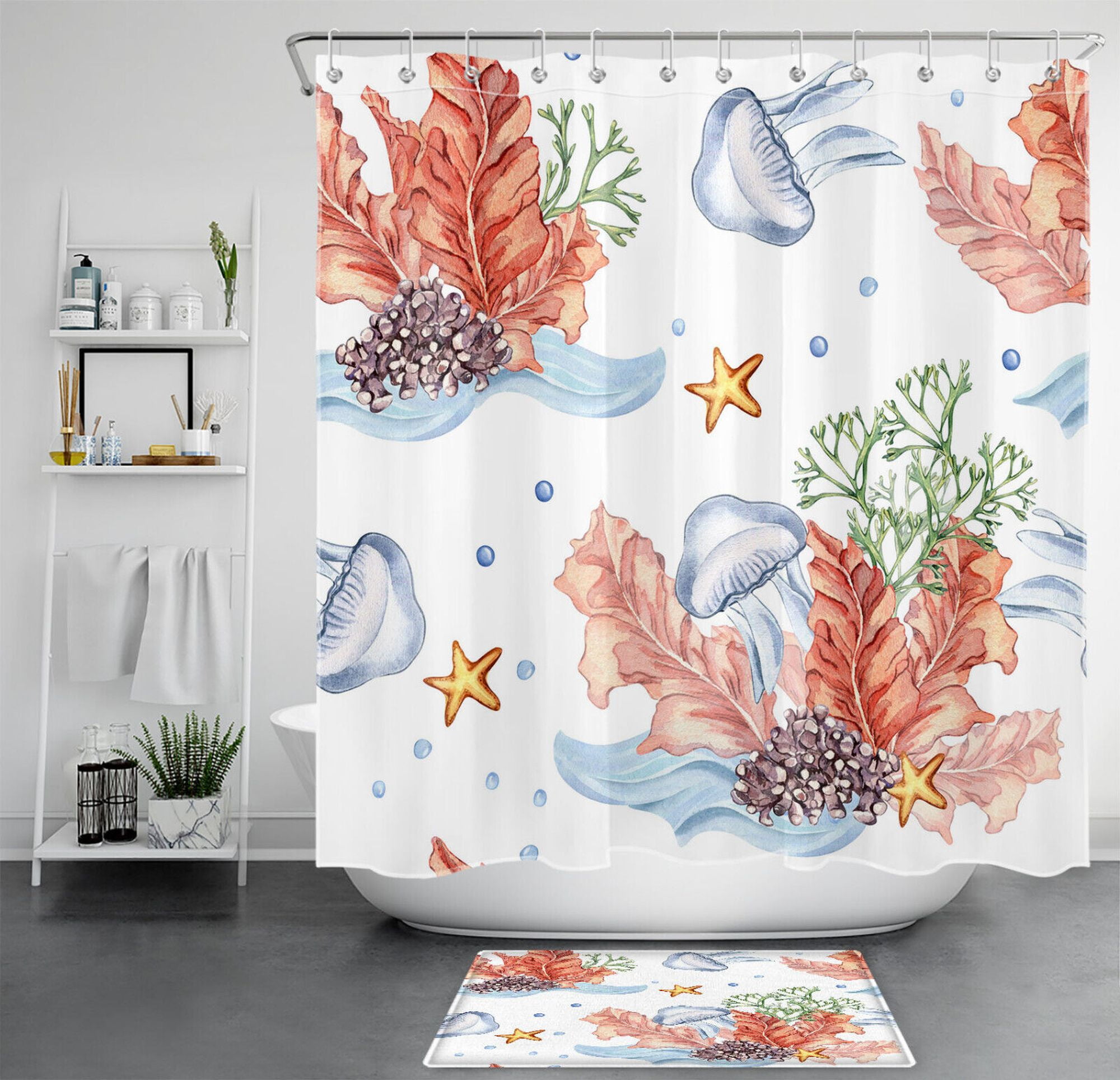 Underwater Ocean Life Shower Curtain Vibrant Blue Jellyfish and