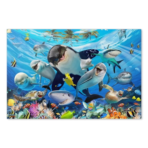 Underwater Ocean Selfie Orca Shark Dolphin Sea Turtle Coral Home Business Office Sign - Poster - 24" x 36" (61cm x 91cm)