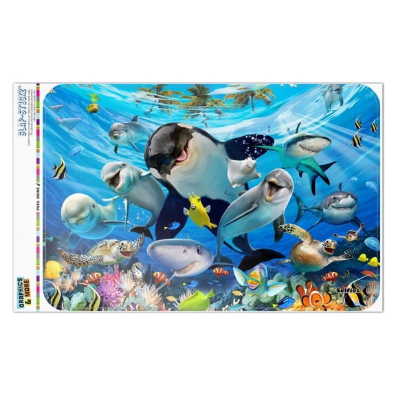 Underwater Ocean Selfie Orca Shark Dolphin Sea Turtle Coral Home Business Office Sign - Window Sticker - 6" x 9" (15.2cm x 22.9cm)