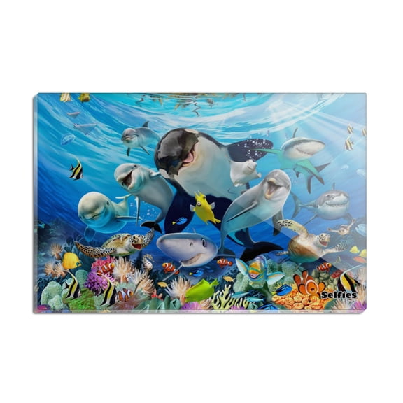Underwater Ocean Selfie Orca Shark Dolphin Sea Turtle Coral Rectangle Acrylic Fridge Refrigerator Magnet