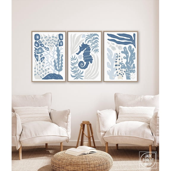 Underwater Ocean Triptych Wall Art Neutral Coastal Canvas Set Calm Blue Decor Set 3