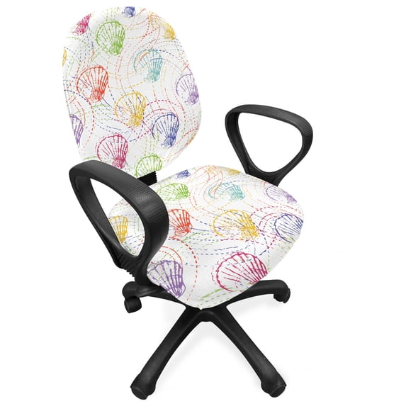 Underwater Office Chair Slipcover, Doodle Seashells and Dashed Color Stripes Ocean Creatures Sea, Protective Stretch Decorative Fabric Cover, Standard Size, Multicolor, by Ambesonne