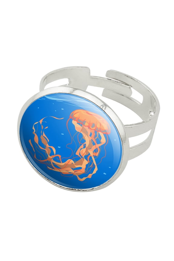 Underwater Orange Medusa Jellyfish Silver Plated Adjustable Novelty Ring
