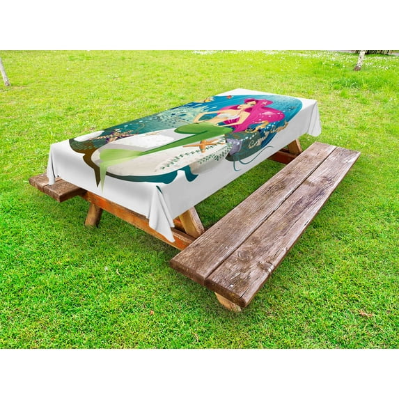 Underwater Outdoor Tablecloth, Illustration of a Mermaid and her Underwater World Colorful Landscape Print, Decorative Washable Fabric Picnic Table Cloth, 58 X 84 Inches,Multicolor, by Ambesonne