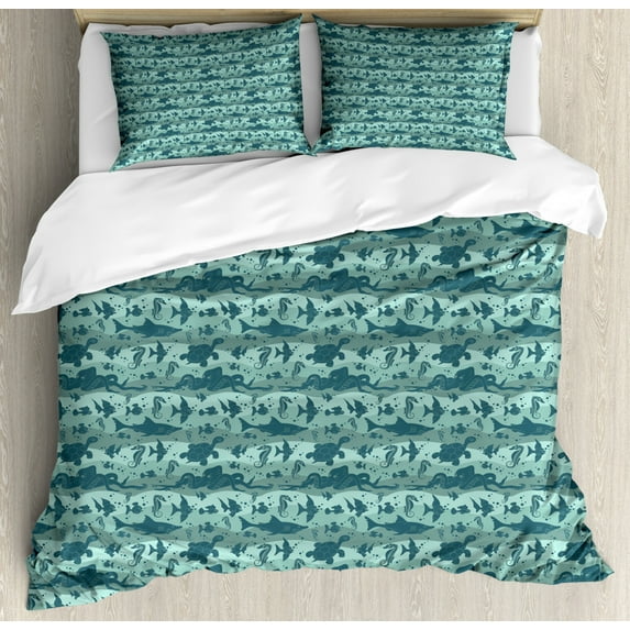Underwater Queen Size Duvet Cover Set, Sea Waves Background with Sea Life Theme Creatures, Decorative 3 Piece Bedding Set with 2 Pillow Shams, Pale Blue Slate Blue Pale Sage Green, by Ambesonne