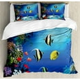 thumbnail image 1 of Underwater Queen Size Duvet Cover Set, Tropical Undersea with Colorful Fishes Swimming in the Ocean Coral Reefs Artsy Image, Decorative 3 Piece Bedding Set with 2 Pillow Shams, Blue, by Ambesonne, 1 of 3