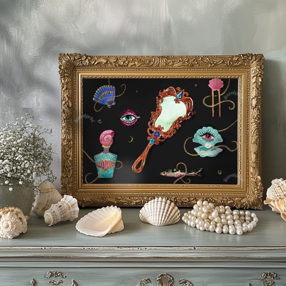 Underwater Relics – Surreal Vanity Wall Art, Dark Ocean Mermaidcore Decor, Maximalist Coquette Art Print, Mystical Bathroom Or Bedroom Print Wall Art, Modern Wall Decor, 8x12 UNFRAMED