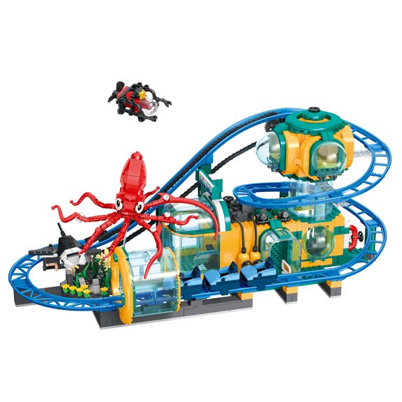 Underwater Roller Coaster Building Blocks Set, 1080 PCS Deep Sea Base Model with Dual Circular Tracks, Manual & Optional Motorized Chain Drive, Giant Octopus Scene Building Kit for Adult Collectors