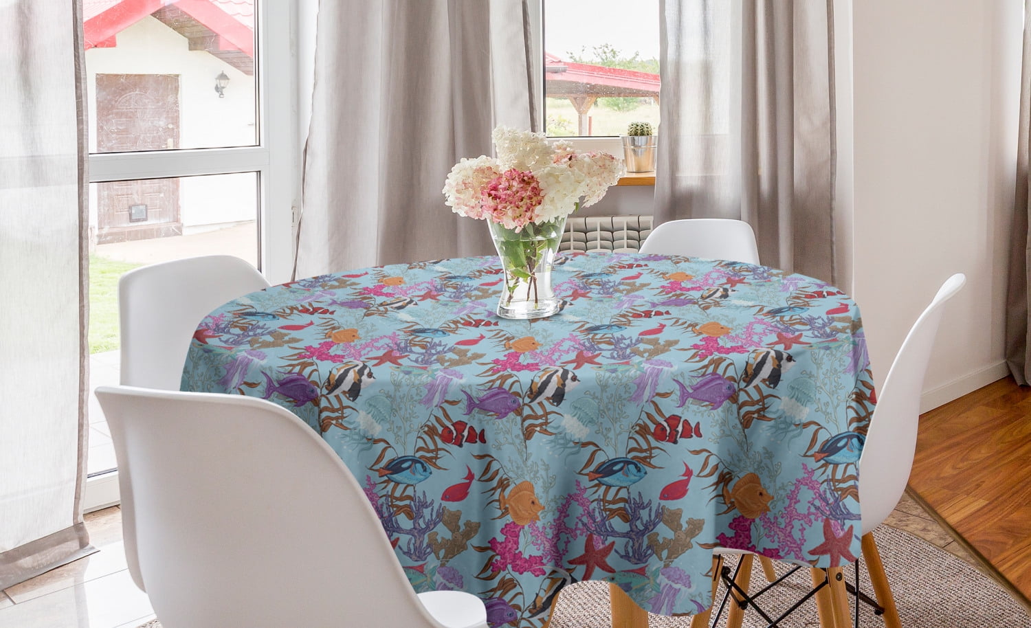 Underwater Round Tablecloth, Fish Aquatic Animals Jellyfish Starfish ...