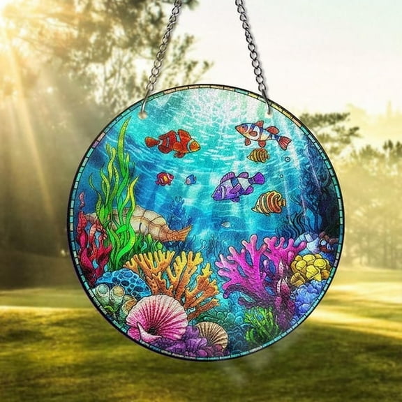 Underwater STAINED GLASS Suncatcher, Ocean Coral Reef Window Hanging with Colorful Tropical Fish, Marine Sea Life Decor, Gift Ocean Lovers