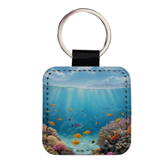 Underwater Scene Tropical Fish Ocean Faux Leather Square Keychain