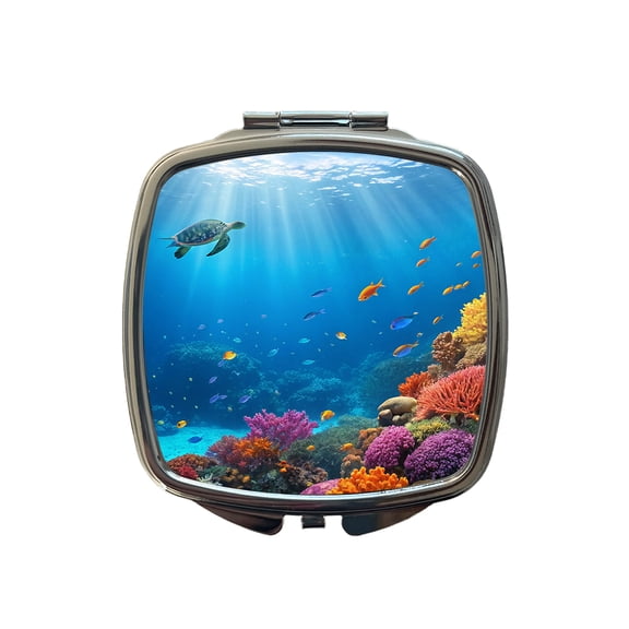 Underwater Scene Tropical Turtle Fish Coral Ocean Travel Makeup Handbag Purse Small Pocket Compact Mirror