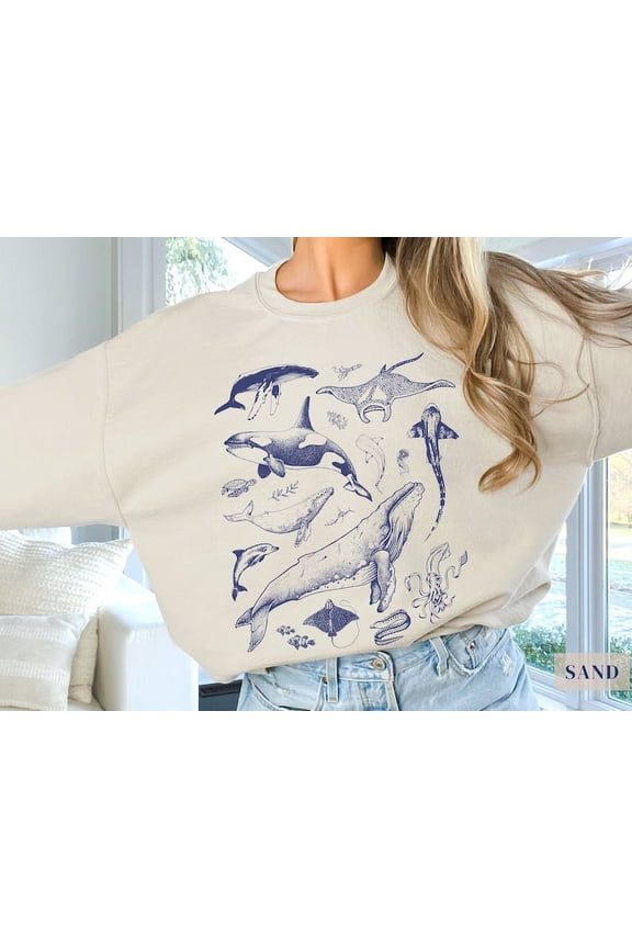 Underwater Sea Animal Vintage Crewneck Sweatshirt | Gift For Marine Biologist/Ocean/Sealife/Nature Lover | Humpback Orca Jellyfish Pullover